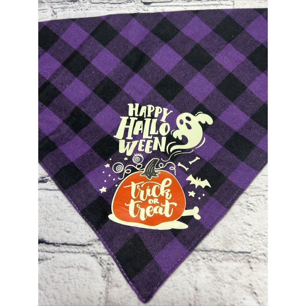Trick Or Treat Ghost Flannel Purple And‎ Black Buffalo Plaid Dog Bandana 26”x17”